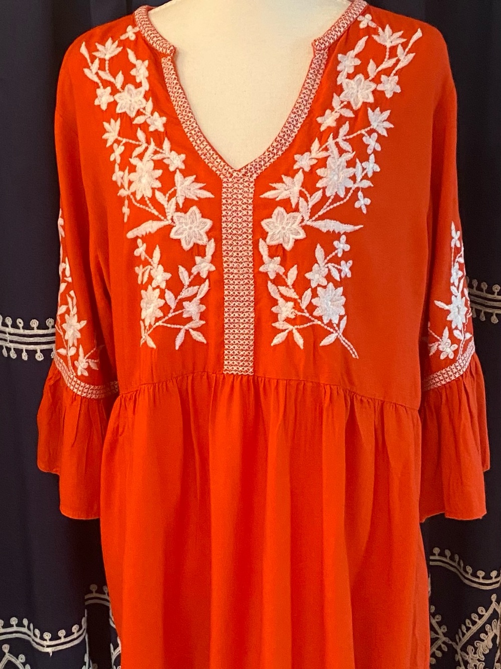 Red Embroidered V-Neck Tunic Top